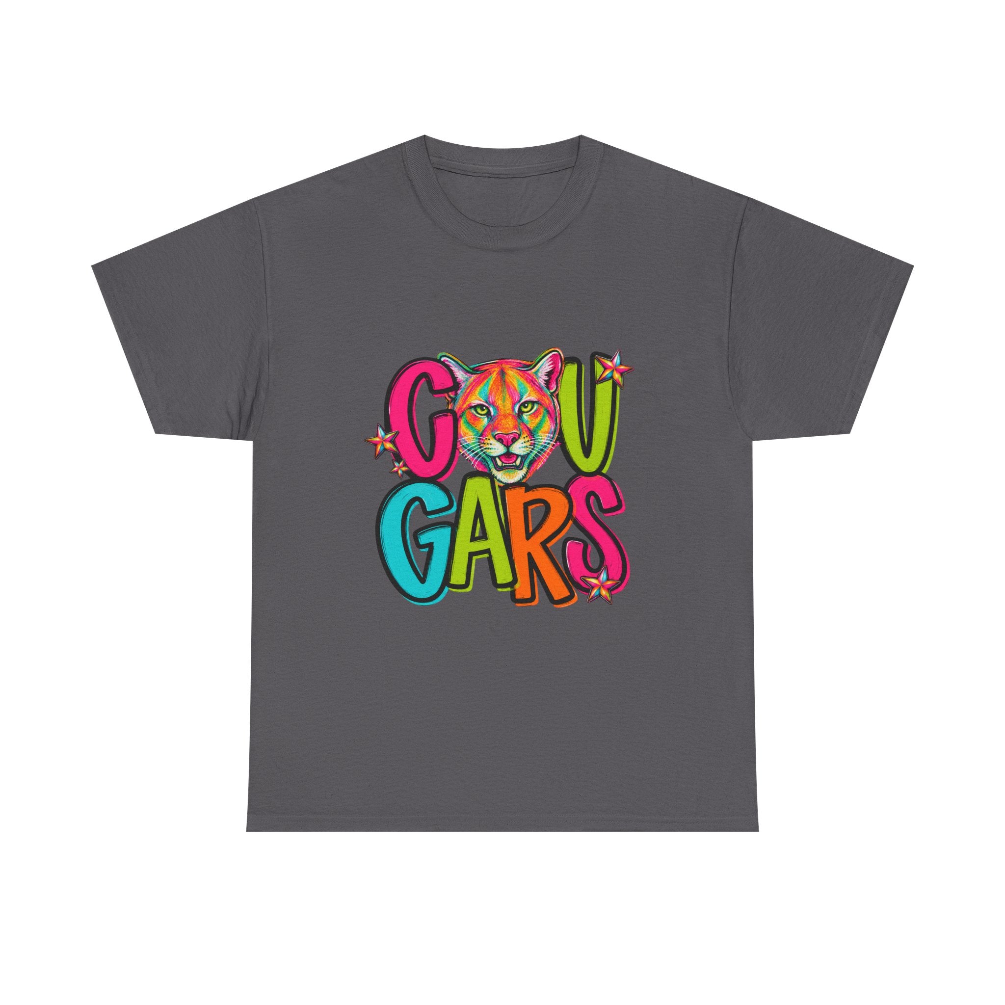Colorful Cougar Mascot T-Shirt | School Spirit Tee | Cute Cougar Graphic Shirt | Teacher & Student Spirit Wear | Unisex Gildan 5000