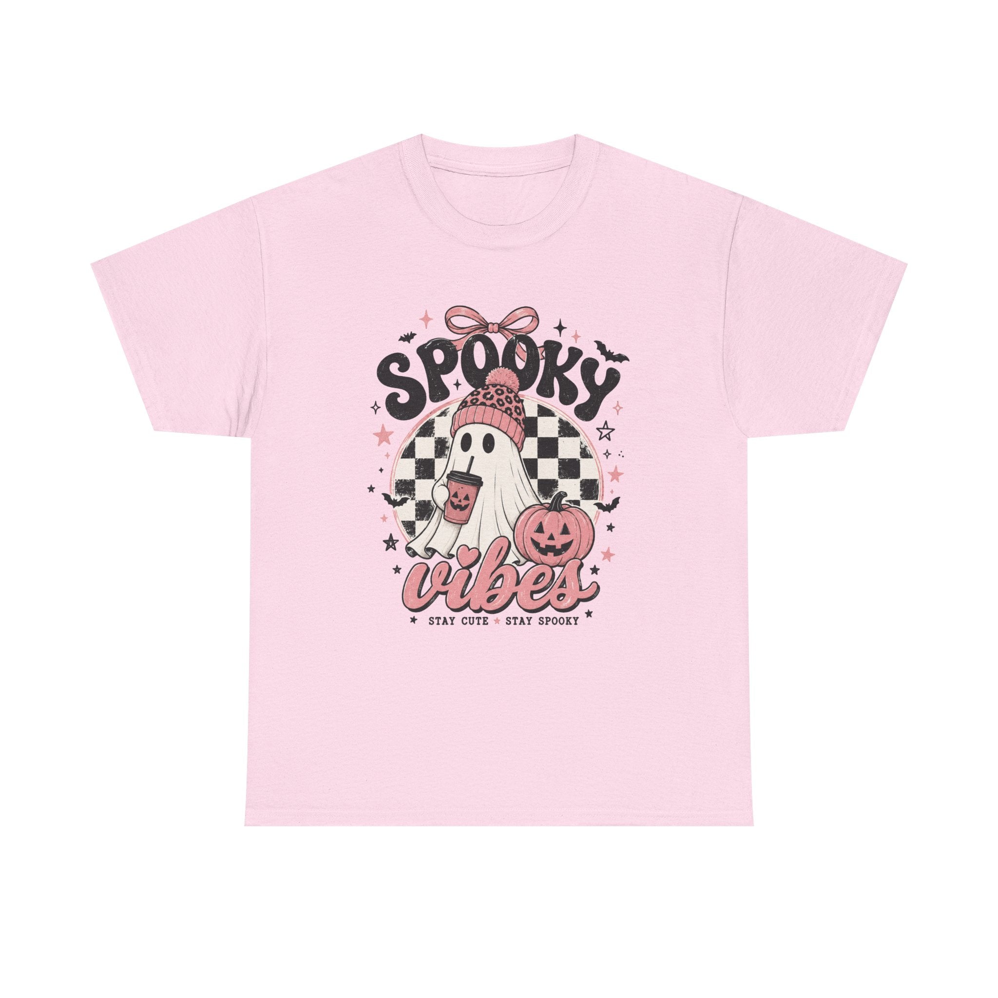 Spooky Vibes Ghost Graphic Tee | Cute Pink Halloween Shirt | Cozy Fall Graphic Tee