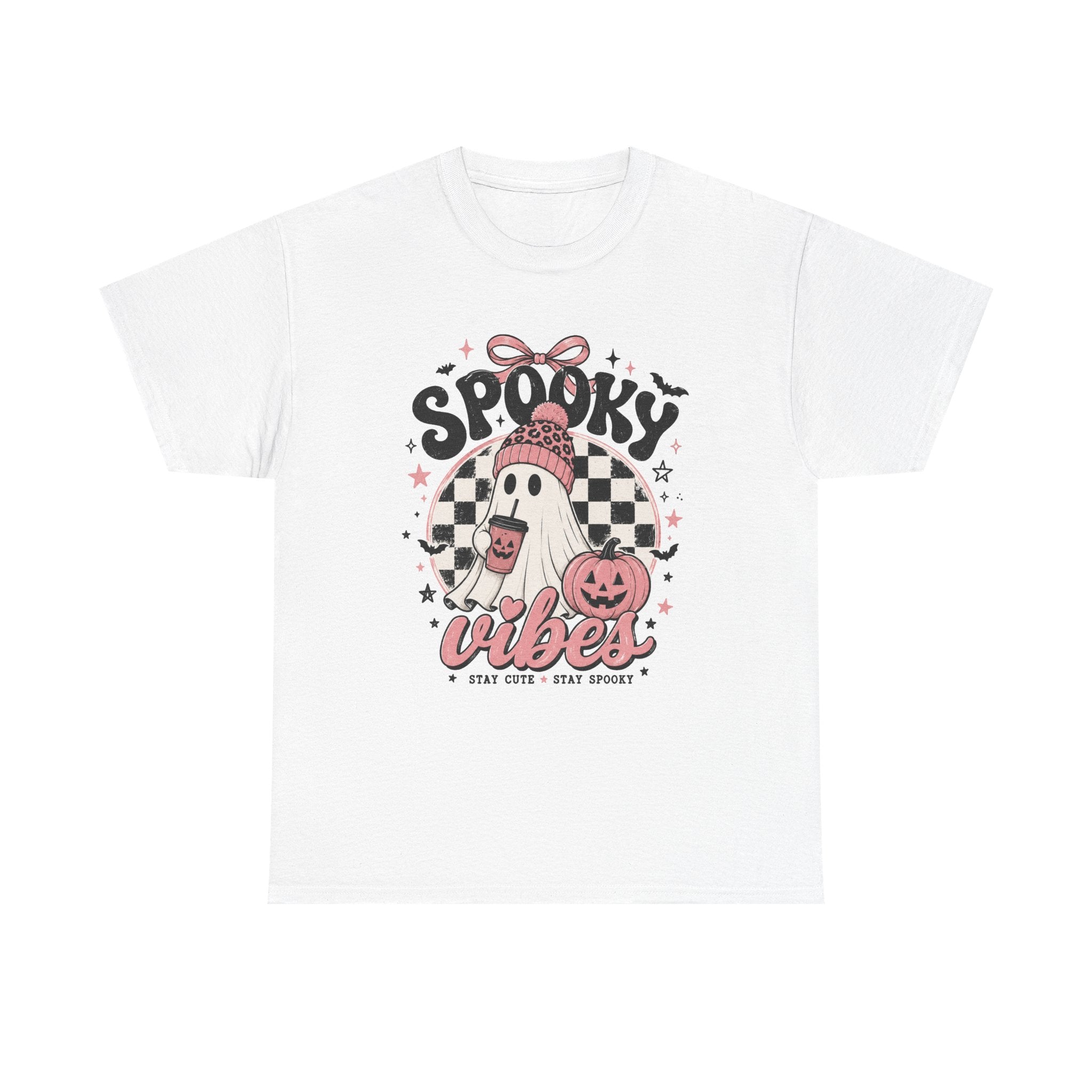 Spooky Vibes Ghost Graphic Tee | Cute Pink Halloween Shirt | Cozy Fall Graphic Tee