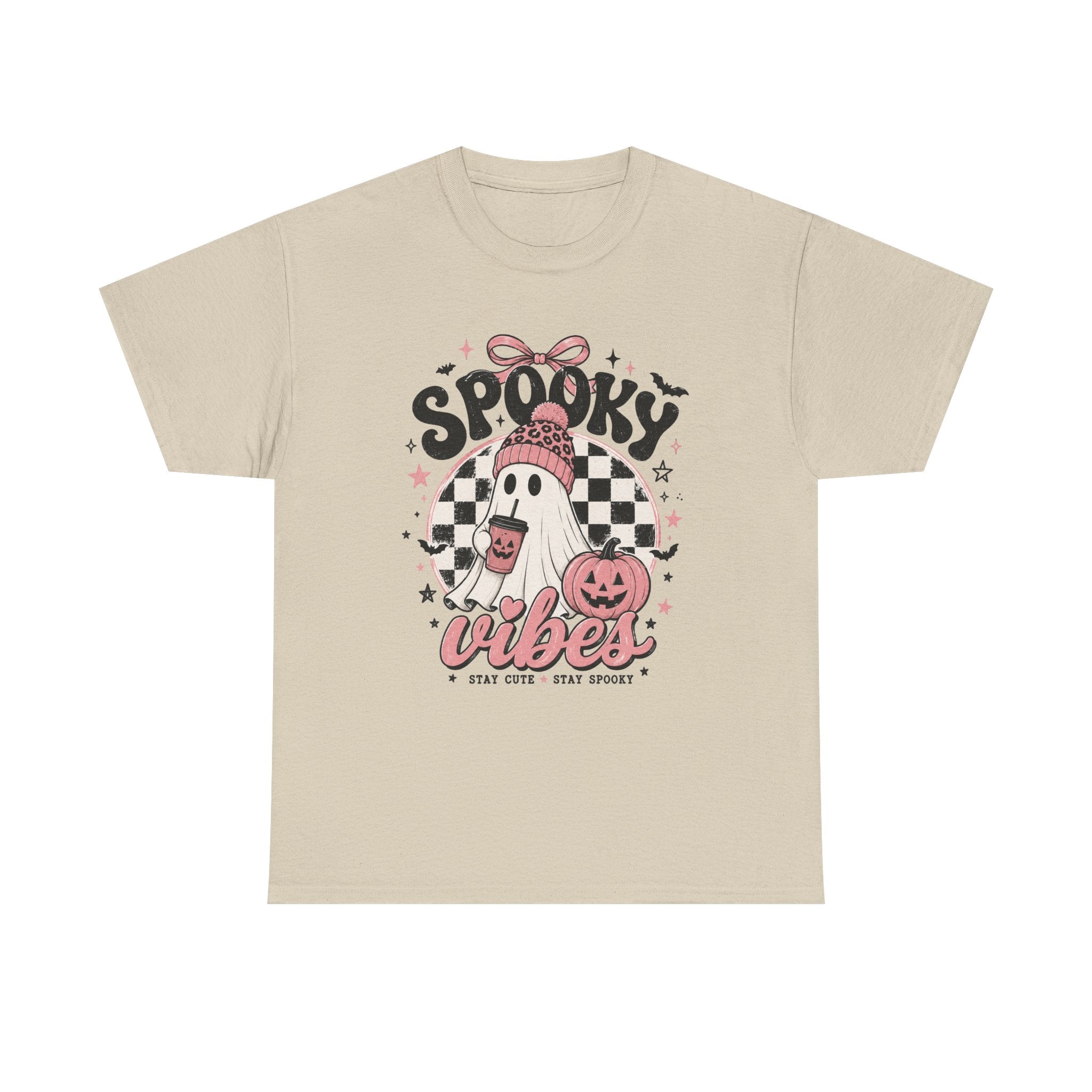 Spooky Vibes Ghost Graphic Tee | Cute Pink Halloween Shirt | Cozy Fall Graphic Tee
