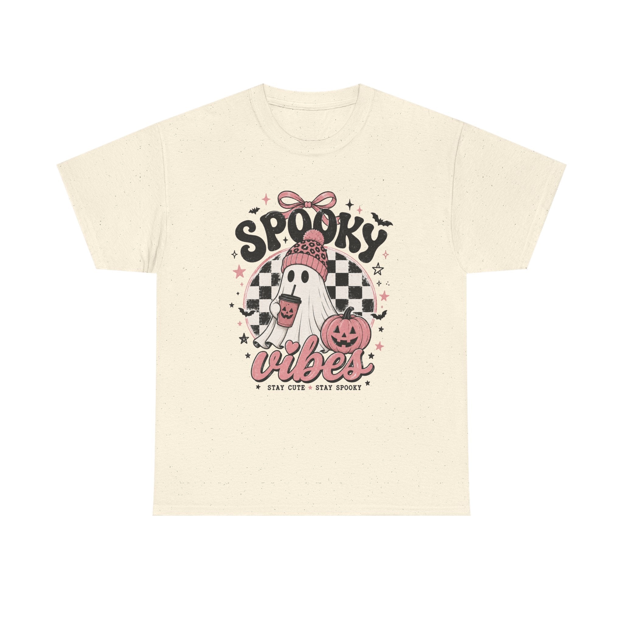 Spooky Vibes Ghost Graphic Tee | Cute Pink Halloween Shirt | Cozy Fall Graphic Tee
