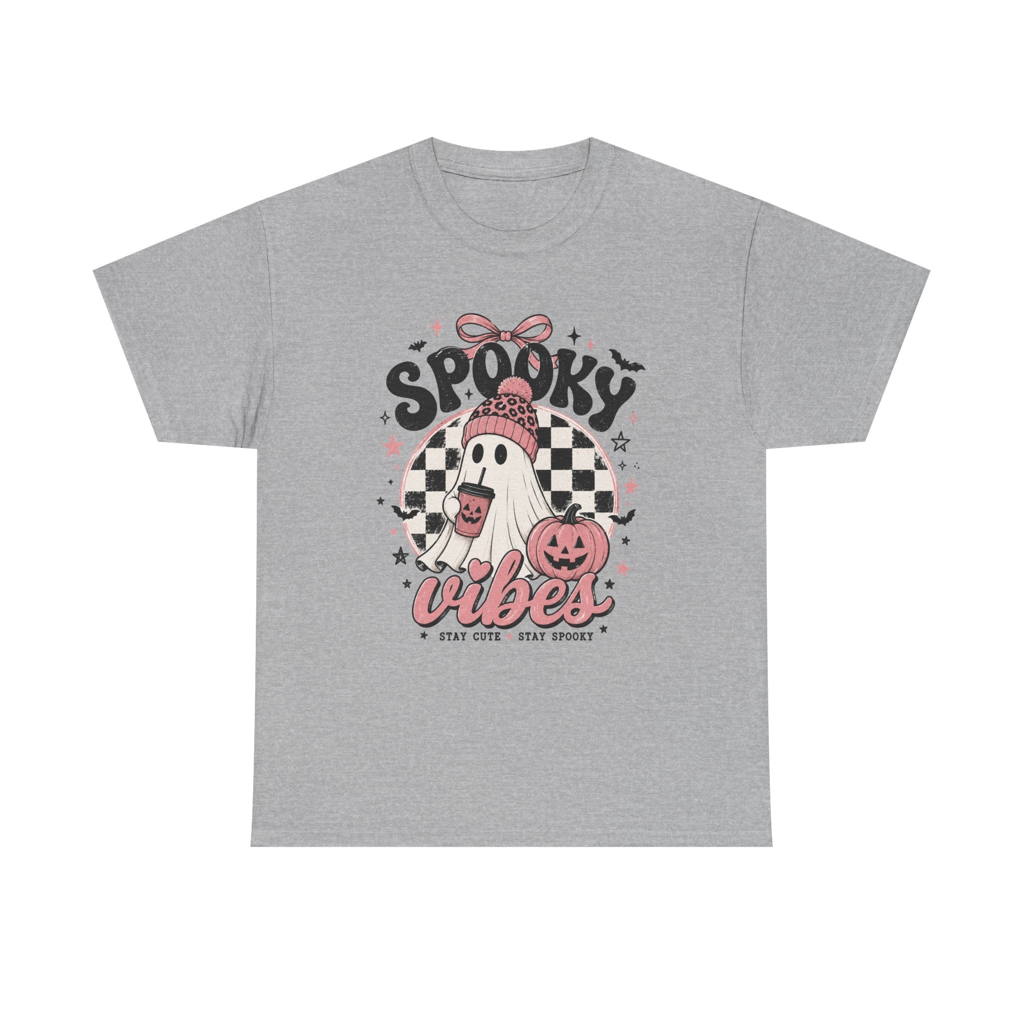 Spooky Vibes Ghost Graphic Tee | Cute Pink Halloween Shirt | Cozy Fall Graphic Tee