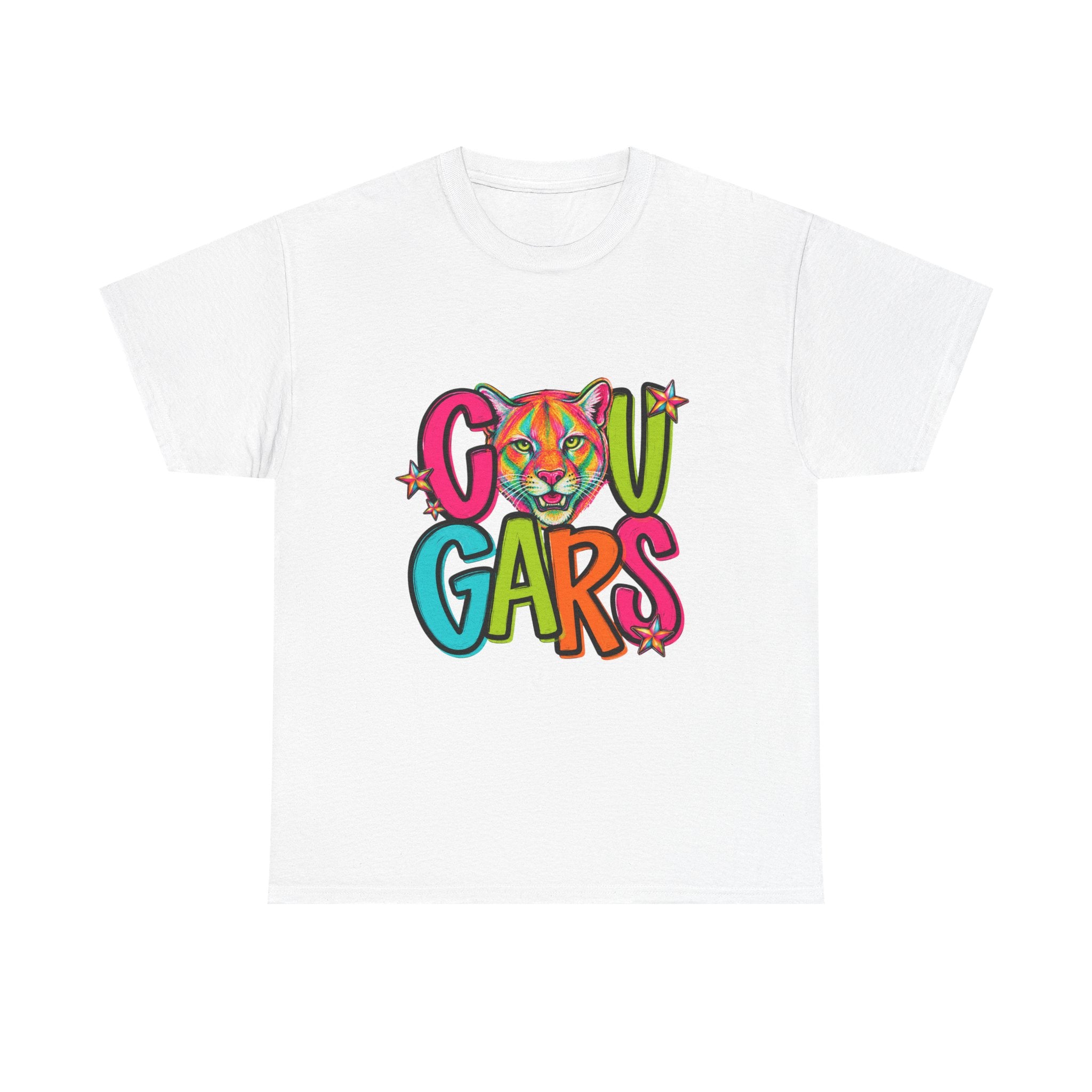 Colorful Cougar Mascot T-Shirt | School Spirit Tee | Cute Cougar Graphic Shirt | Teacher & Student Spirit Wear | Unisex Gildan 5000