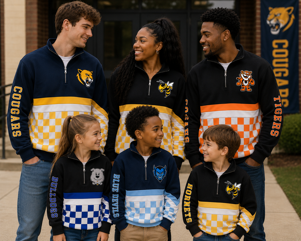 Local Pre-Order | School Spirit Quarter Zip Pullover | Adult Unisex | Cougars • Hawks • Vikings • Blue Devils • Bulldogs • Tigers • Hornets