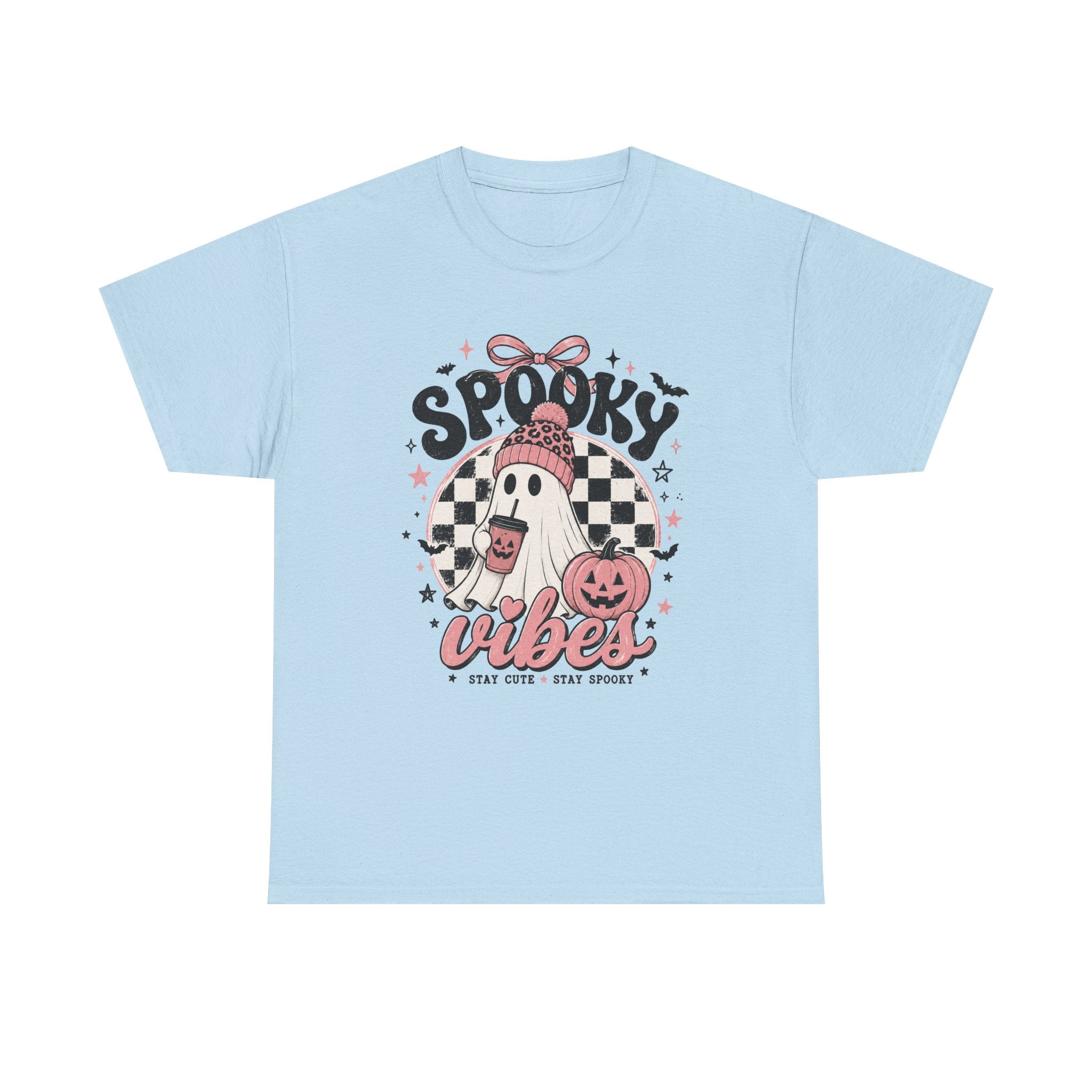 Spooky Vibes Ghost Graphic Tee | Cute Pink Halloween Shirt | Cozy Fall Graphic Tee