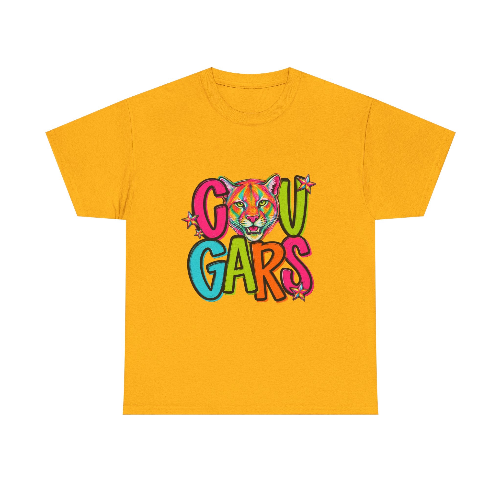 Colorful Cougar Mascot T-Shirt | School Spirit Tee | Cute Cougar Graphic Shirt | Teacher & Student Spirit Wear | Unisex Gildan 5000