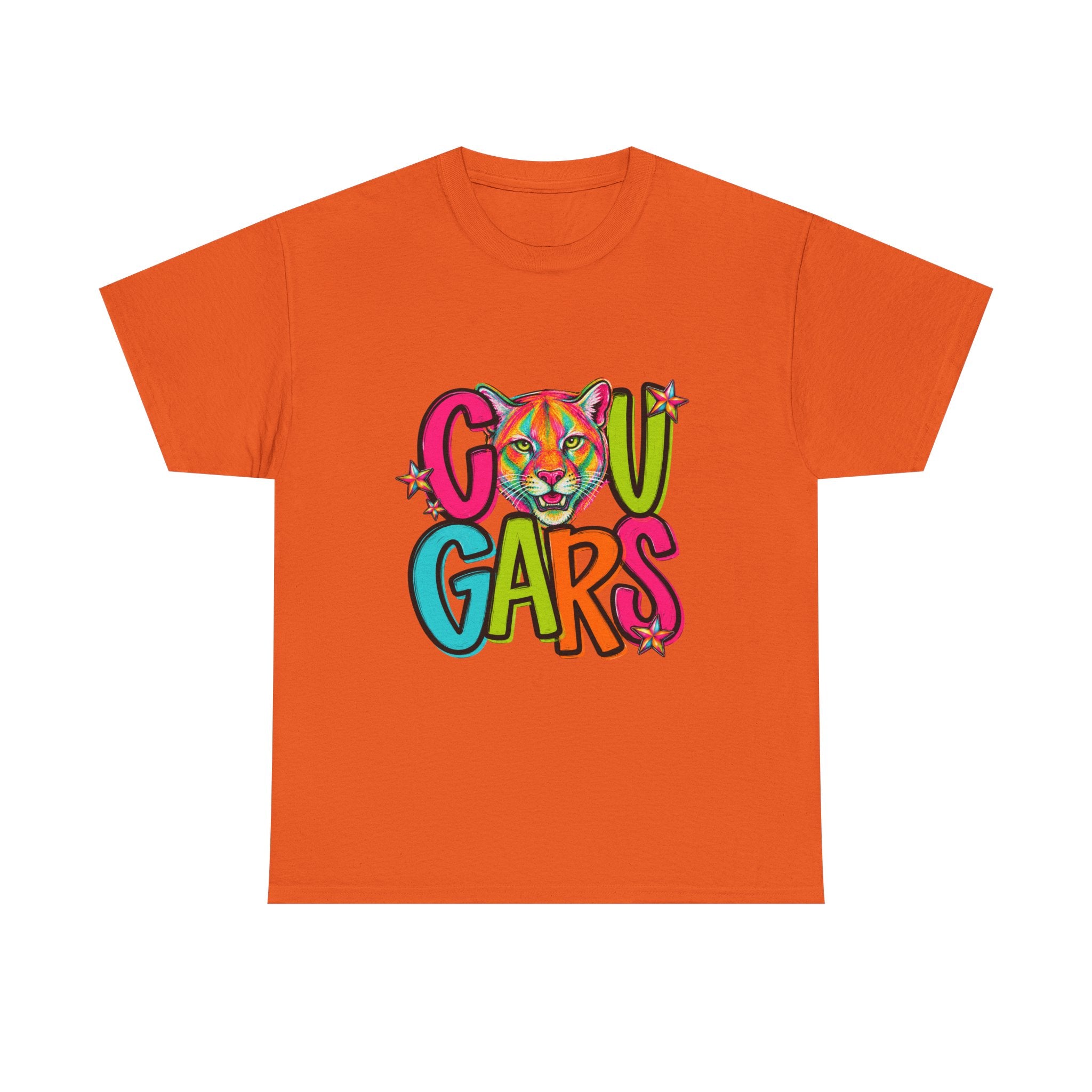 Colorful Cougar Mascot T-Shirt | School Spirit Tee | Cute Cougar Graphic Shirt | Teacher & Student Spirit Wear | Unisex Gildan 5000