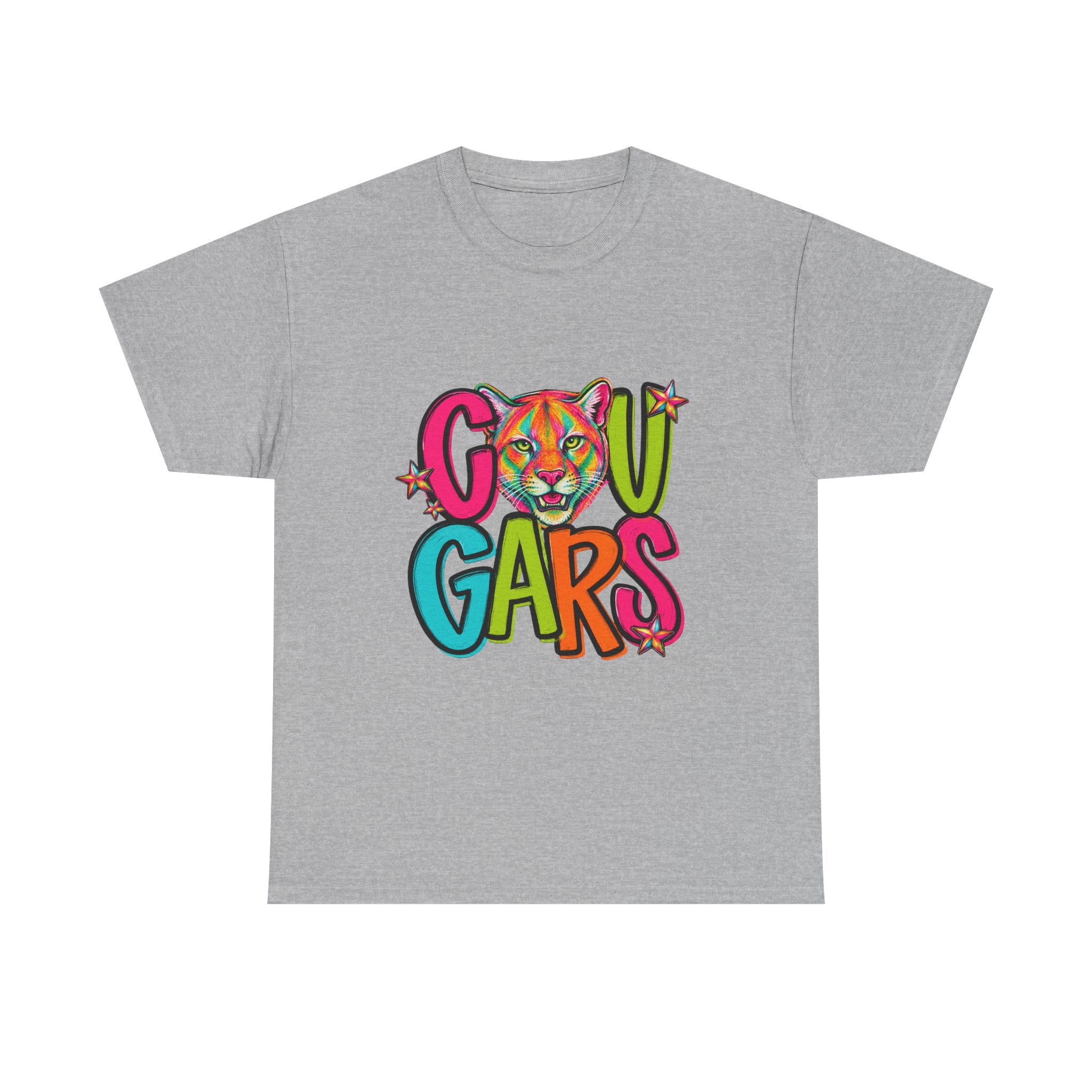 Colorful Cougar Mascot T-Shirt | School Spirit Tee | Cute Cougar Graphic Shirt | Teacher & Student Spirit Wear | Unisex Gildan 5000