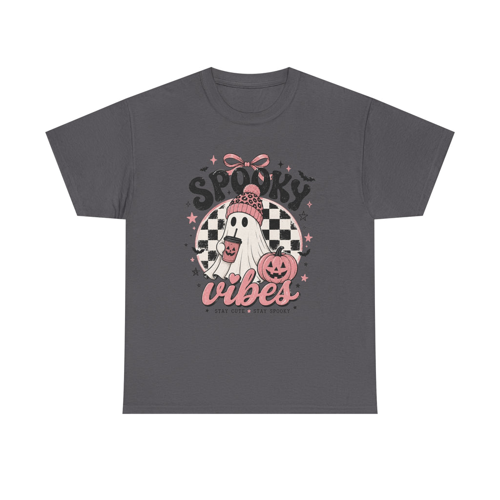 Spooky Vibes Ghost Graphic Tee | Cute Pink Halloween Shirt | Cozy Fall Graphic Tee