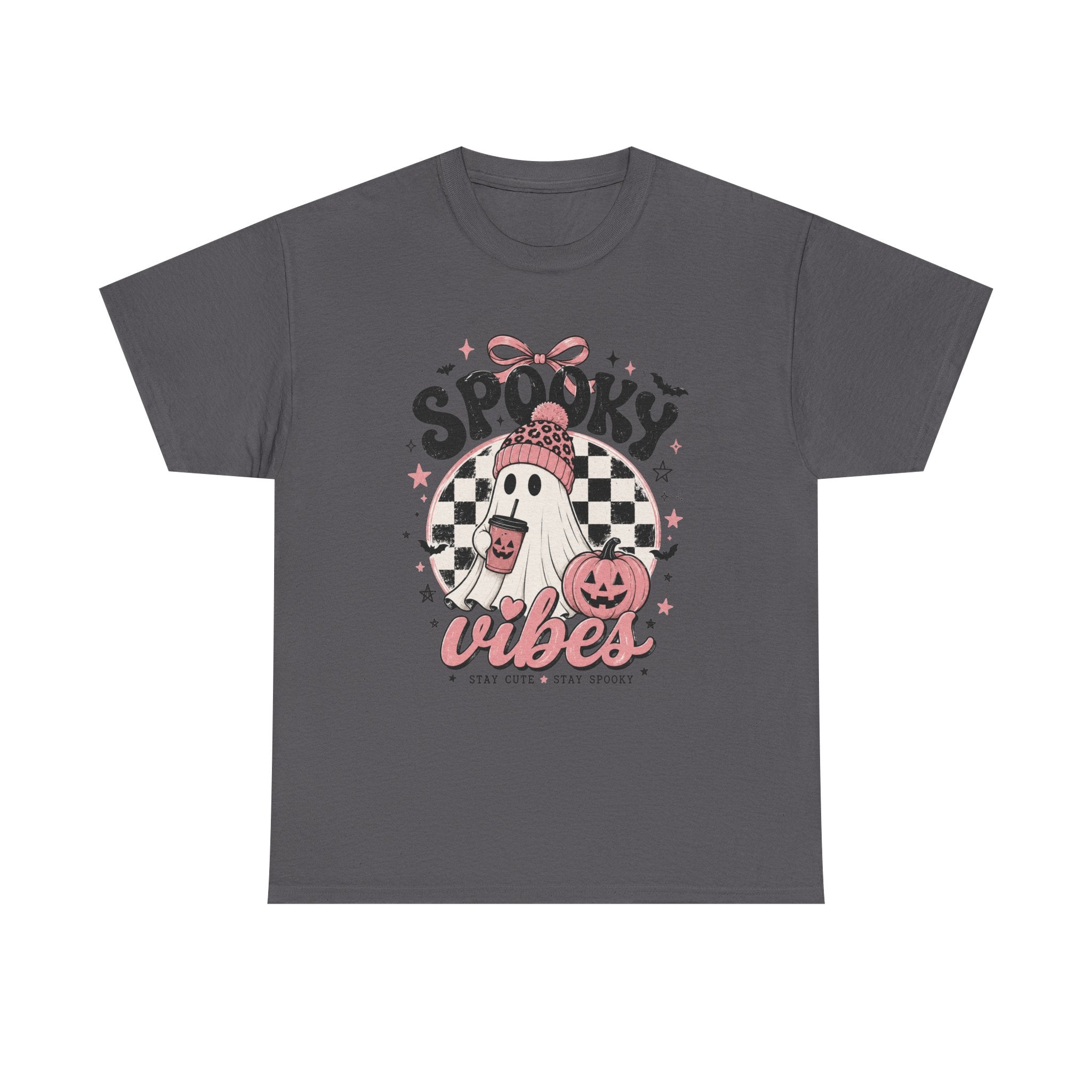 Spooky Vibes Ghost Graphic Tee | Cute Pink Halloween Shirt | Cozy Fall Graphic Tee