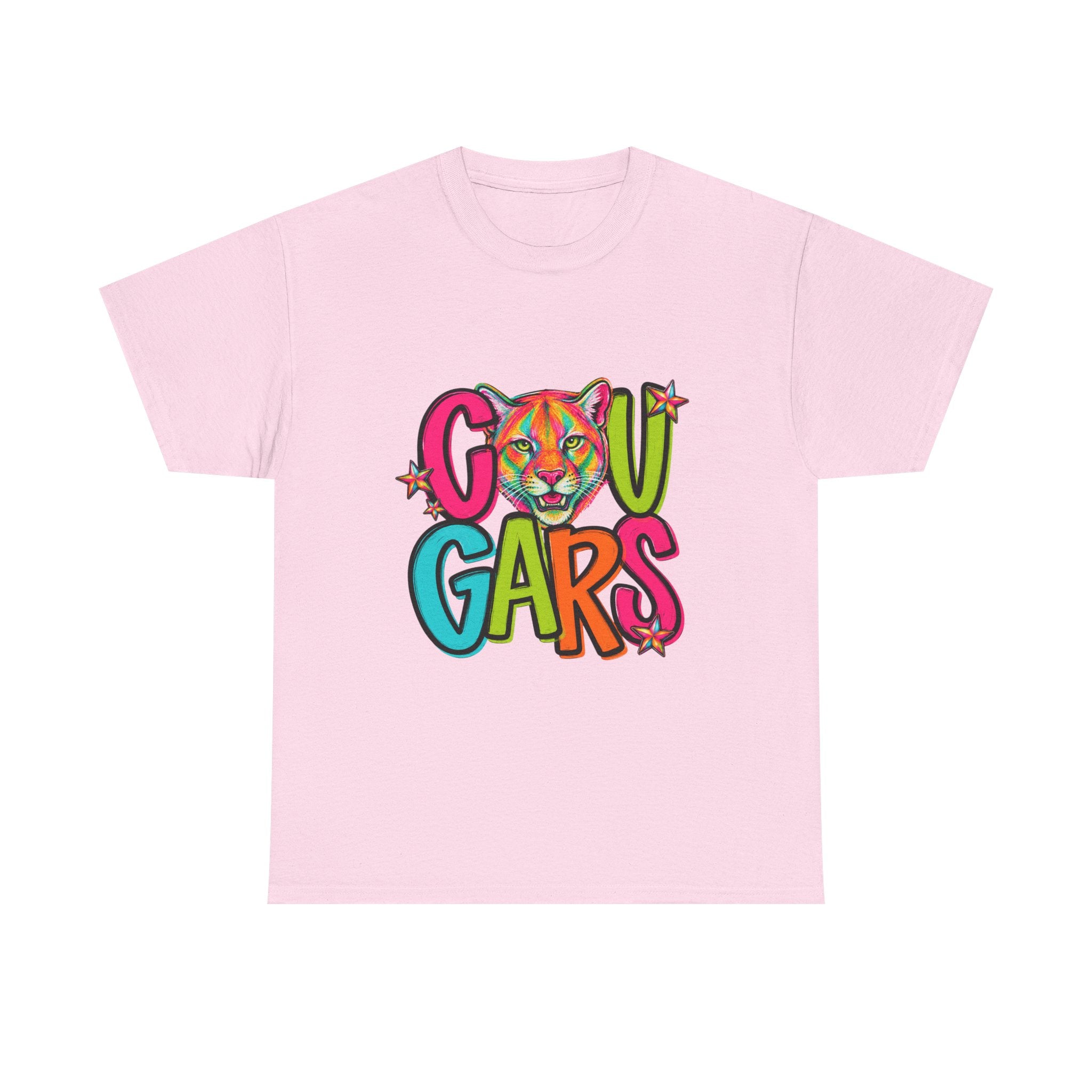 Colorful Cougar Mascot T-Shirt | School Spirit Tee | Cute Cougar Graphic Shirt | Teacher & Student Spirit Wear | Unisex Gildan 5000