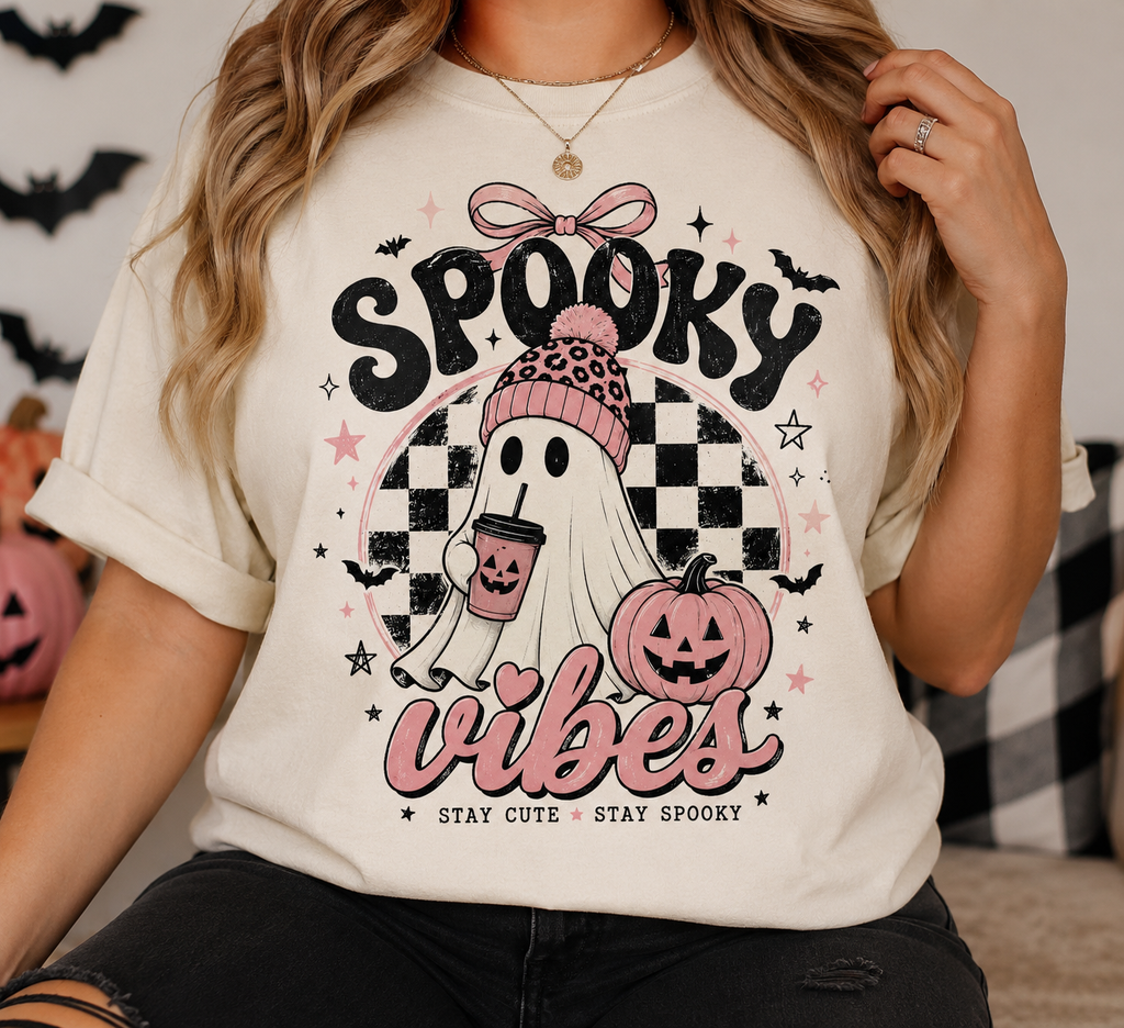Spooky Vibes Ghost Graphic Tee | Cute Pink Halloween Shirt | Cozy Fall Graphic Tee