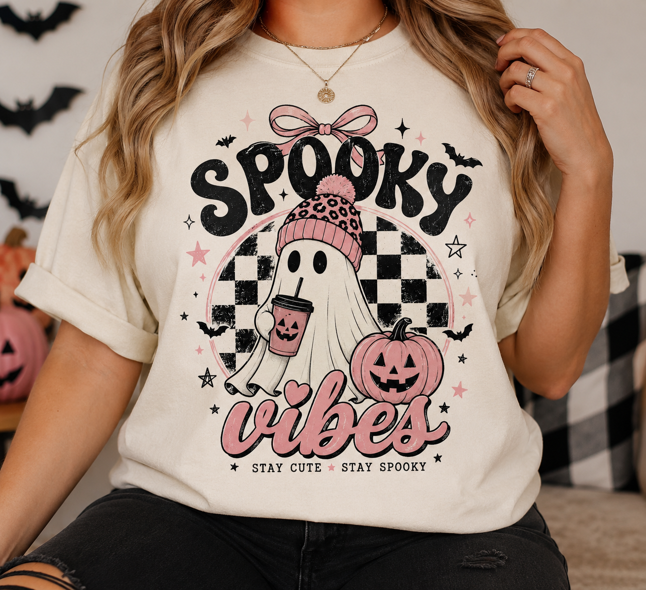 Spooky Vibes Ghost Graphic Tee | Cute Pink Halloween Shirt | Cozy Fall Graphic Tee