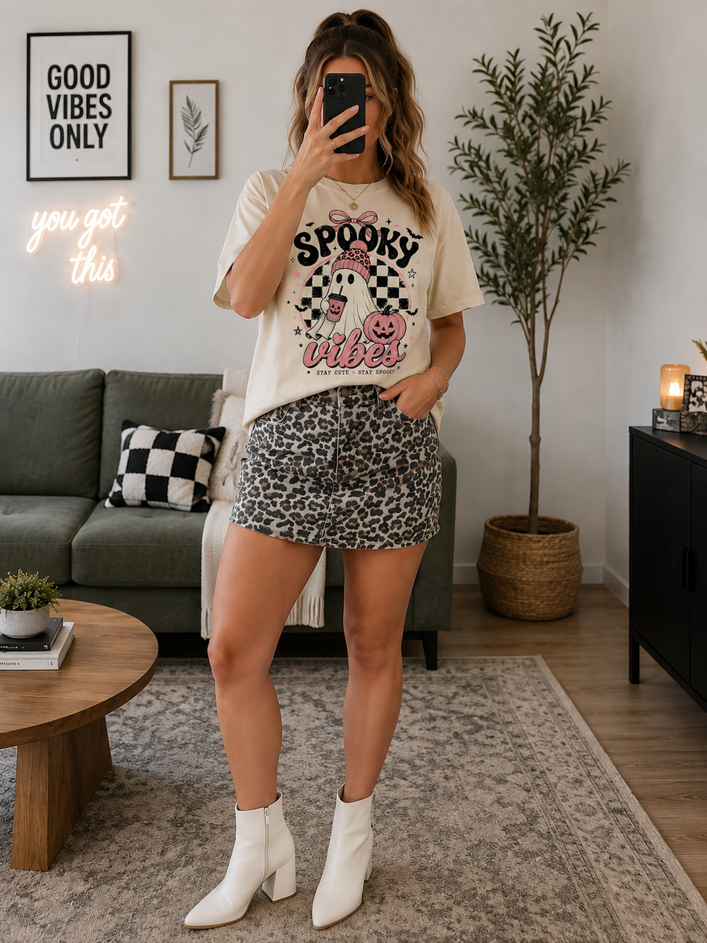 Spooky Vibes Ghost Graphic Tee | Cute Pink Halloween Shirt | Cozy Fall Graphic Tee