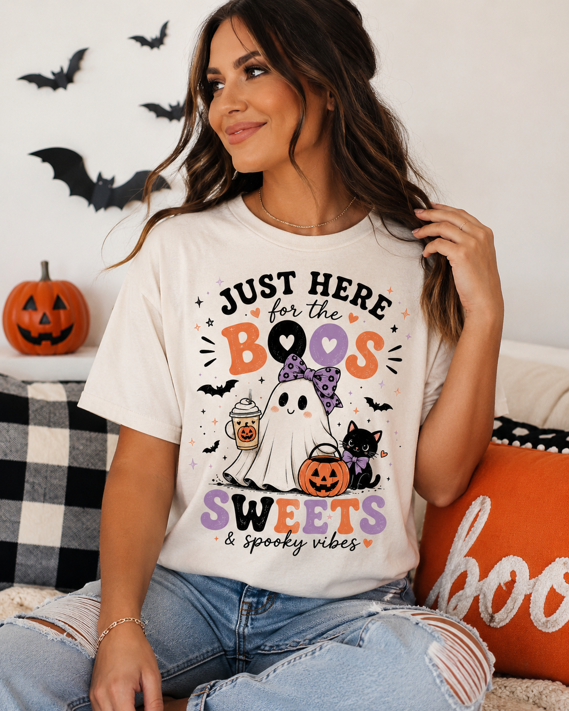 Just Here for the Boos, Sweets & Spooky Vibes Graphic Tee