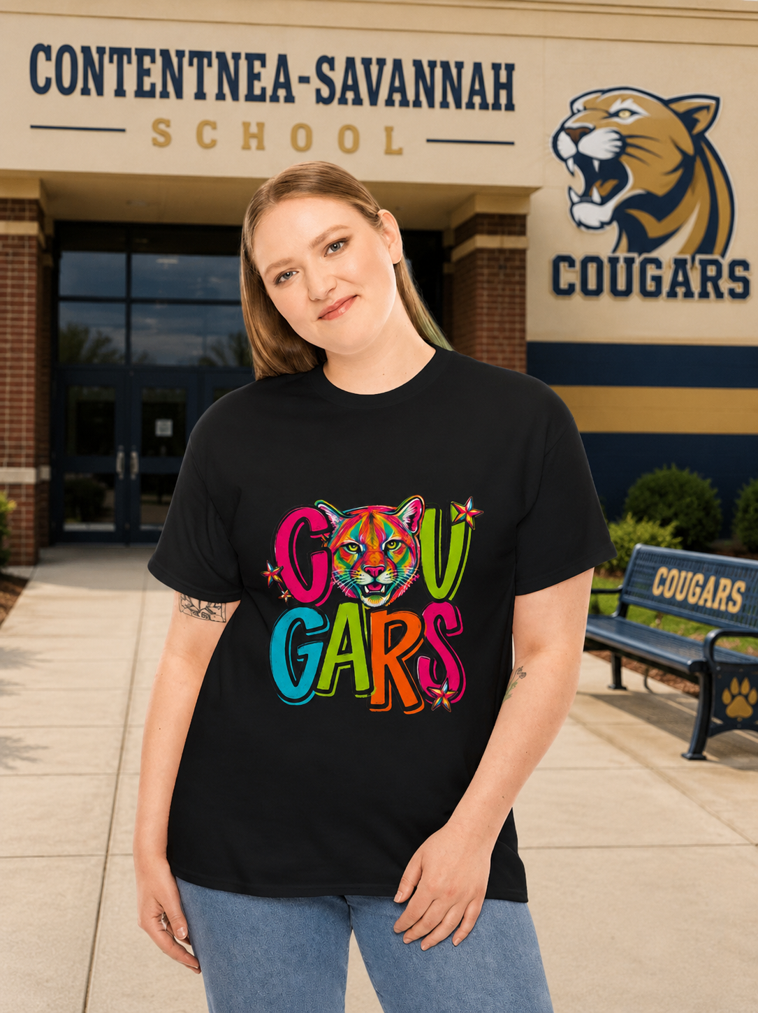 Colorful Cougar Mascot T-Shirt | School Spirit Tee | Cute Cougar Graphic Shirt | Teacher & Student Spirit Wear | Unisex Gildan 5000